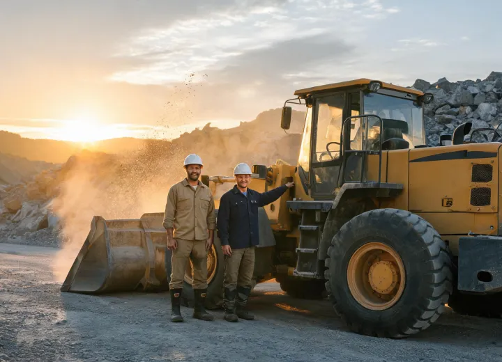 SANY field lead with owner-operator beside wheel loader on quarry haul road