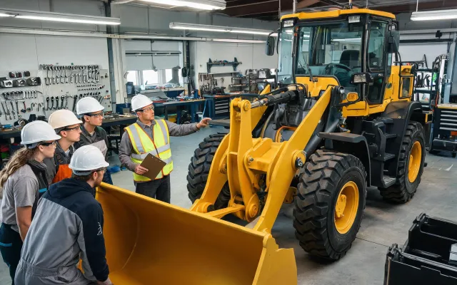 Community college students inspecting wheel loader