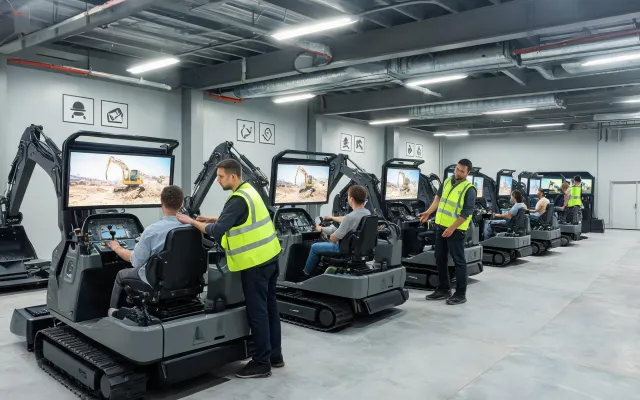 Operator training class in excavator simulator bay