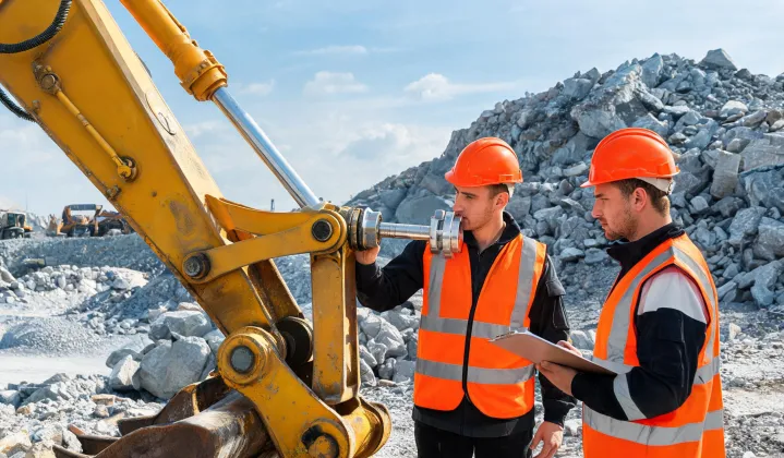 Engineers re-certifying excavator boom pins on jobsite