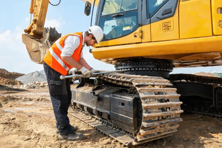Field service engineer inspecting excavator slew bearing