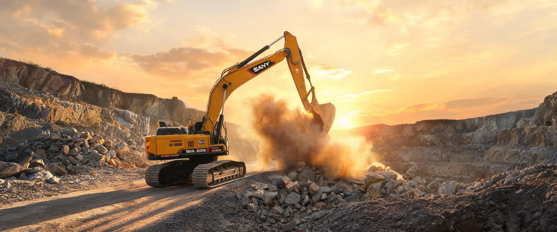 Crawler excavator on quarry haul road during mass excavation