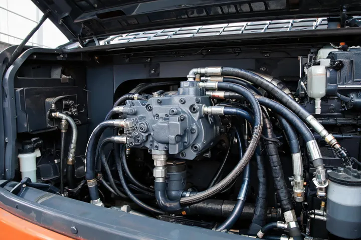 Hydraulic main pump assembly in excavator engine bay