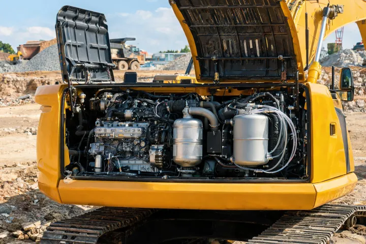 Tier 4 Final excavator engine bay with DPF visible