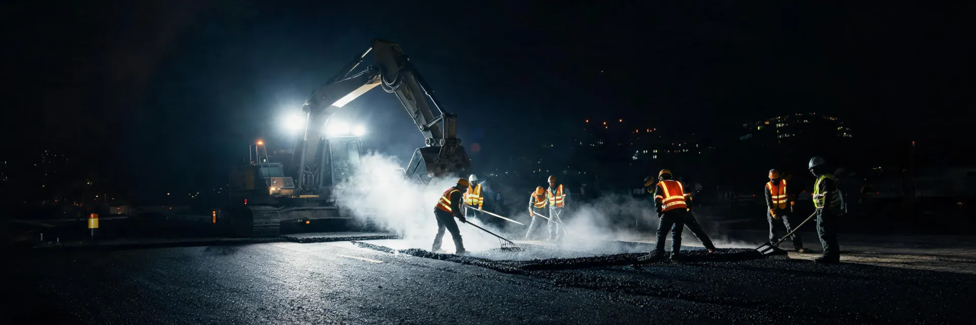 Night paving crew with LED lighting and excavator support