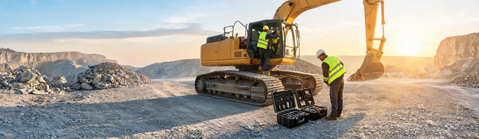 Field service team commissioning crawler excavator on haul road