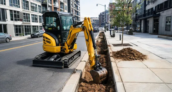 Compact excavator in urban utility trench