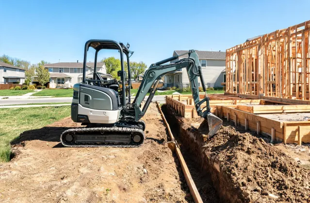 Mini excavator trenching beside residential foundation