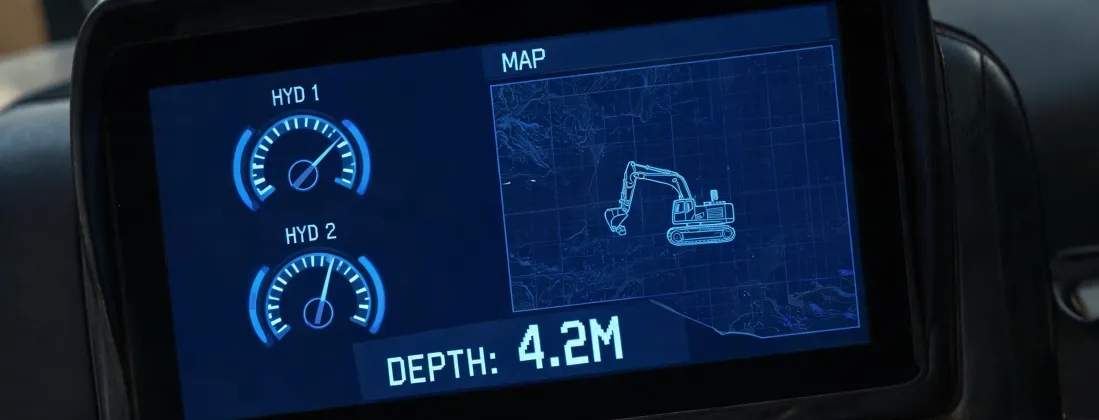 Excavator cab display showing hydraulic and telematics data